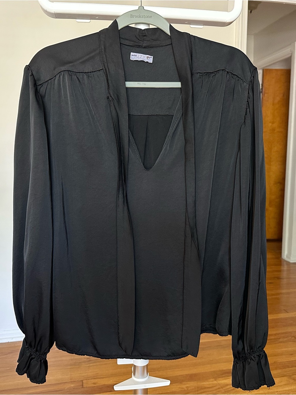 Black Suzy D  V-Neck Long-Sleeve Blouse with Neck Tie